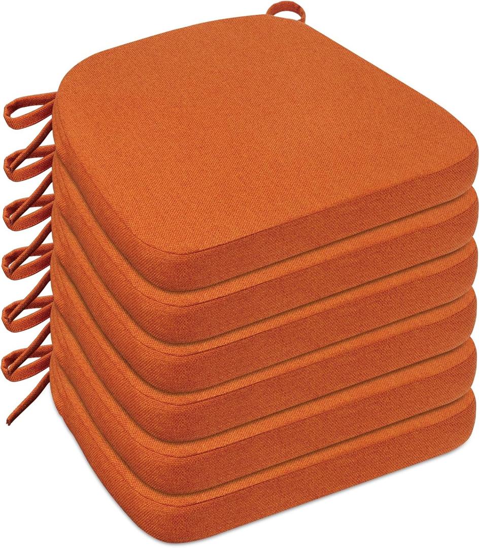 Chair Cushions for Dining Chairs, D-Shaped Seat Cushions with Removable Washable Cover and Ties, Chair Pads for Kitchen, Indoor Dining Room, Patio Chairs, 17'' x 16'', Set of 6, Orange