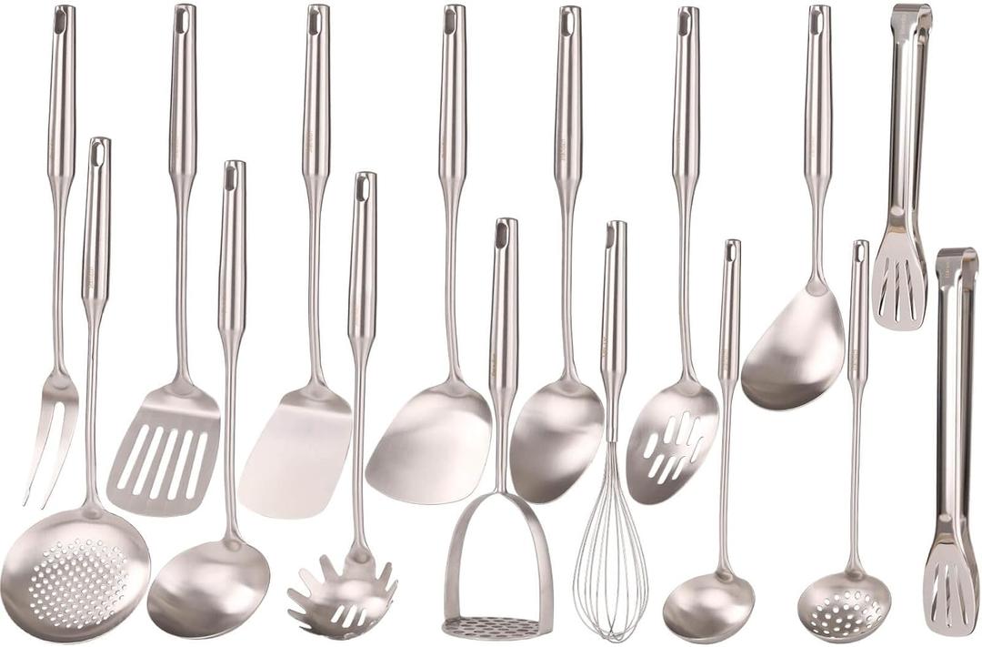 18/10 Stainless Steel Cooking Utensils Set - 16 PCS All Metal Small & Large Kitchen Spoons, Serving Utensils - Whisk, Masher, Fork, Tongs, Solid/Slotted Spoon, Spatula, Turner, Ladle, Skimmer, Pasta