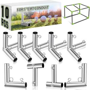 Blulu 10 Pieces 1'' Golf Frame Corner Kit Canopy Fittings with Threaded Eye Bolts for EMT Conduit 10' L x 10' W x 10' H DIY Golf Practice Cage Nets Backyard Indoor Outdoor Home, Silver