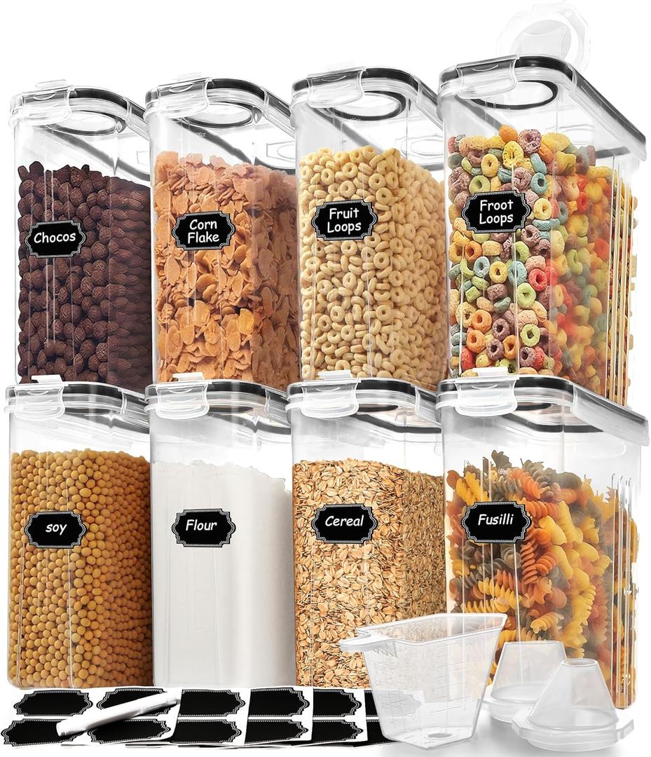 Skroam 8PCS Cereal Containers Storage [4L/135.2 oz], Airtight Food Storage Containers with Pour Spout for Kitchen & Pantry Organization Storage, Plastic Cereal Dispensers, Measuring Cup & 20 Labels