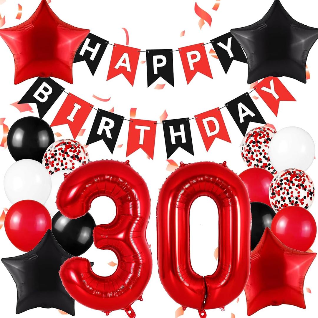 Happy 30th Birthday Decorations For Her Him, Black And Red Happy Birthday Banner, Red 30 Balloon Numbers 40 Inch, 30th Birthday Balloons For Birthday Decorations
