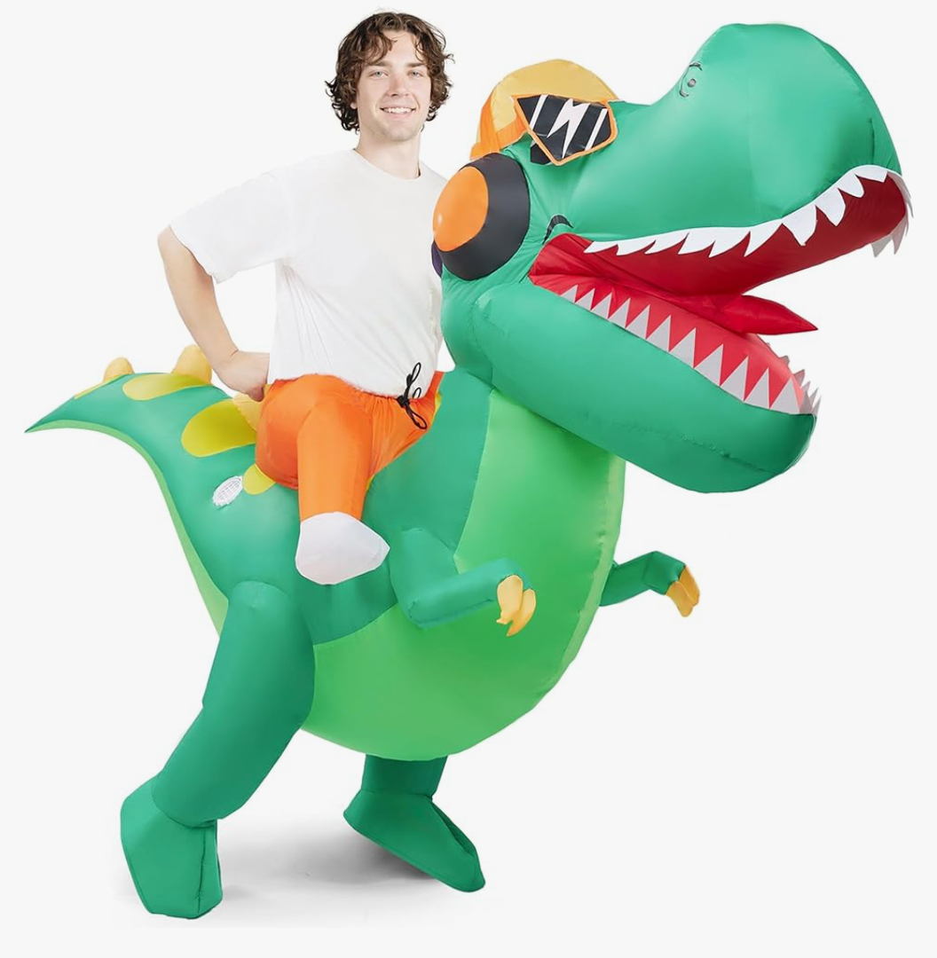 Spooktacular Creations Adult Halloween Inflatable Costume, Riding a Hip-hop Dinosaur Blow-up Costume, Green Inflatable T-rex Deluxe Ride On Halloween Costume for Halloween Cosplay Parties