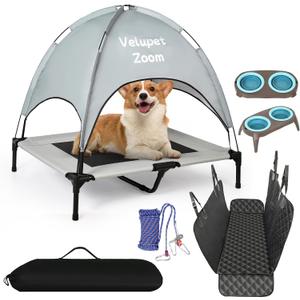4-in-1 Pet Travel & Outdoor Set, Include 36in Gray Elevated Dog Bed with Canopy, Dog Canopy Bed, Pet Back Seat Cover, 50ft Tie Out Cable, Collapsible Double Pet Bowls