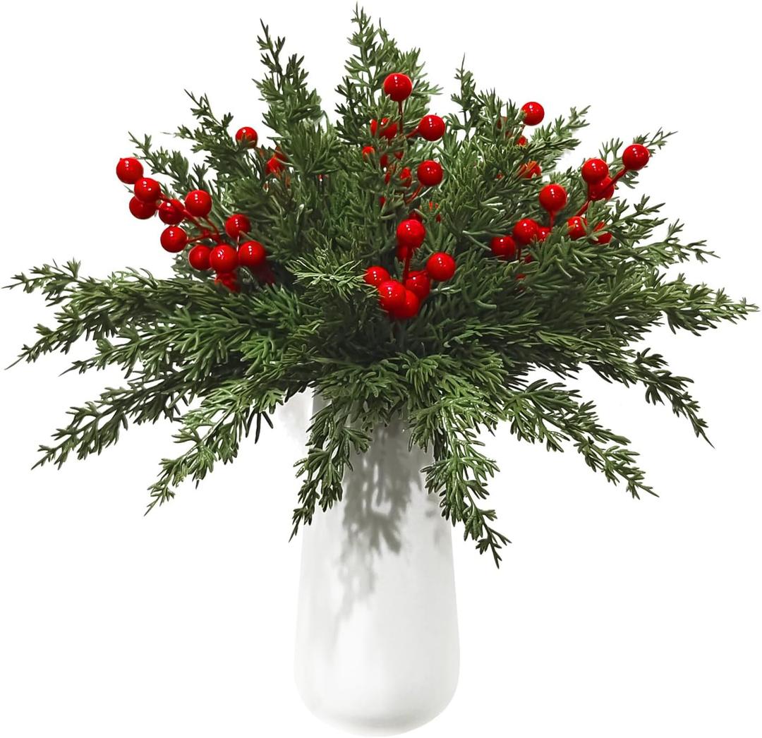 50 PCS Christmas Artificial Pine Branches with Red Berry Stems, 10" 5 Faux Cedar Stems, Artificial Cedar Branches, Fake Christmas Greenery Pine Needles Picks for DIY Craft Garland Home Decor