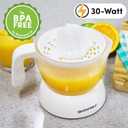 Elite Gourmet ETS-411 BPA-Free 30-Watt Electric Citrus Juicer Extractor: Compact Large Volume Pulp Control Oranges, Lemons, Limes, Grapefruits with Easy Pour Spout, 16 oz, White