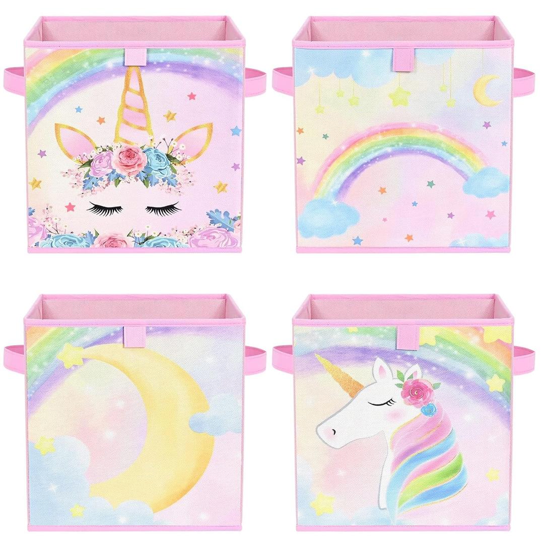 WERNNSAI Cube Storage Bins - 4 Pack Fabric Foldable Storage Cube Organizer for Kids Decorative Storage Baskets with Handles 11" x 11" Home Closet Nursery Room Bedroom (Unicorn)