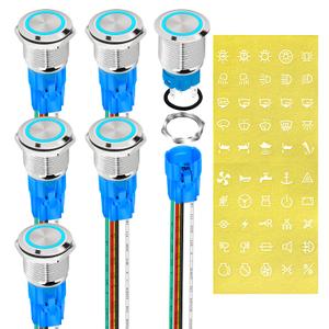 DaierTek 12V Latching Push Button Switch Marine Waterproof Round Blue LED Pushbutton Switch 19mm 12 Volt DC Ring Illuminated Metal ON Off with Label Sticker for Boat Car -6pcs
