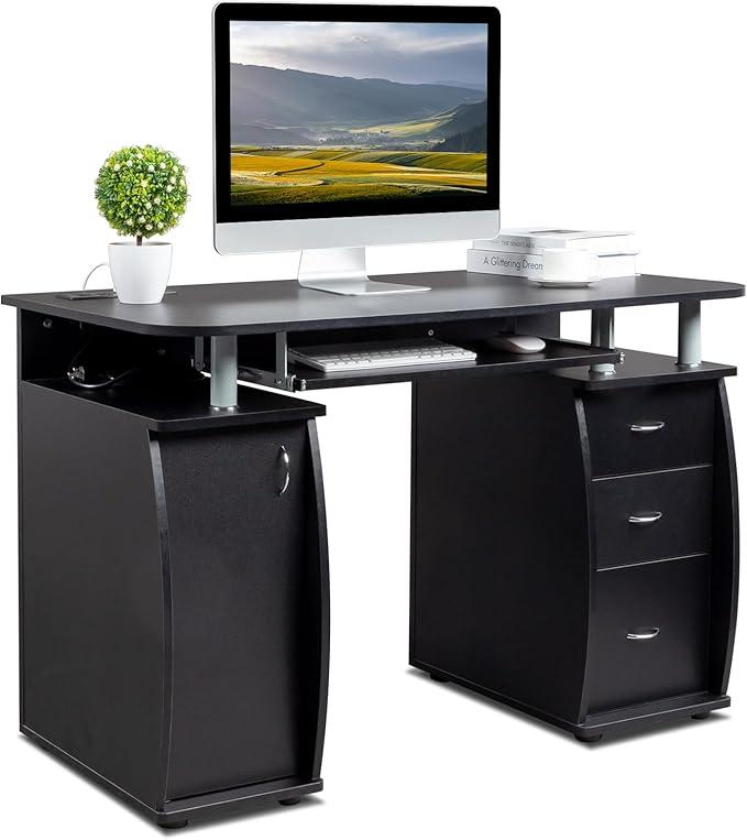 Karl home MDF Computer Desk with Strip Socket, Home Office Desk Writing Desk, Office Table with 3 Drawers and Storage Cabinet for Studio, Apartment, Coffee, Black
