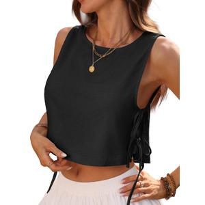 ELLEVEN Linen Crop Tops for Women Boho Spring Summer Sleeveless Tops Cute Going Out Outfits Beach Vacation Clothes Black Medium (Black, M)