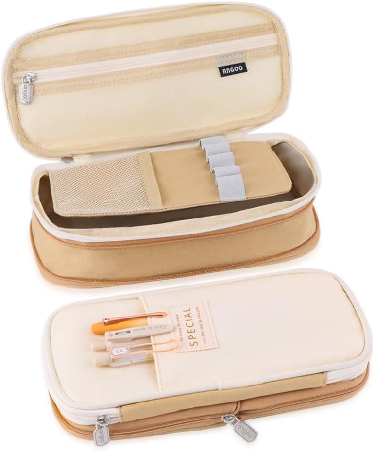 iSuperb Big Capacity Pencil Case Large Pencil Pouch Stationery Pen Bag for Teen Girls Boys, Back to School Supplies(Khaki+Beige)