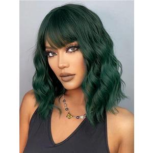 LOSMOEER Dark Green Wig with Bangs Short Wavy Wigs for Women Shoulder Length Curly Bob Wigs Heat Resistant Synthetic Wigs for Halloween Cosplay Daily Party Use (14 Inch)