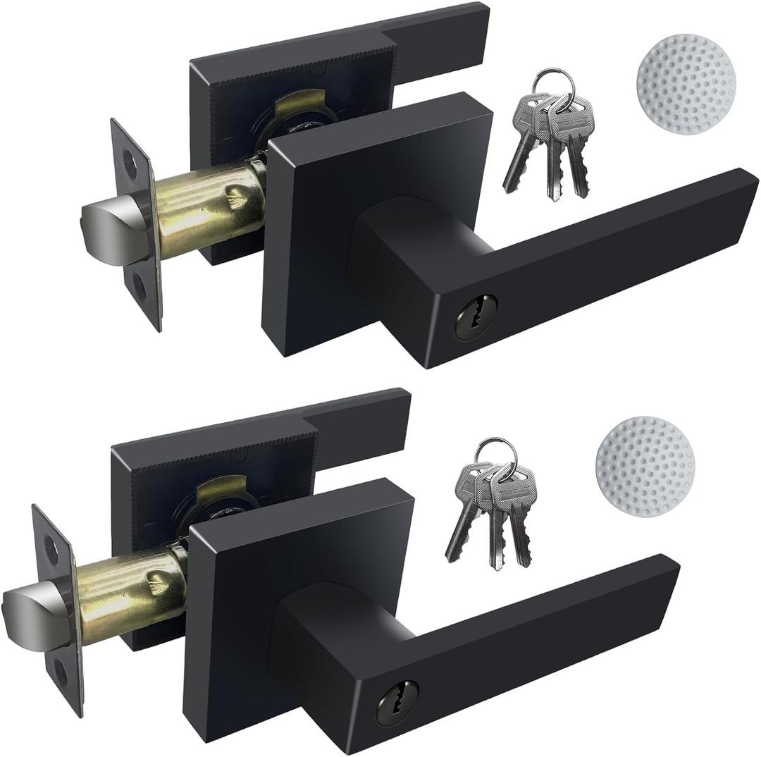 2 Pack Matte Black Door Handle Heavy Duty, Keyed Alike Entry Door Lever, Door Knobs with Lock and Key (Different Keys), Square Door Lever for Bedroom, Bathroom and Front Door