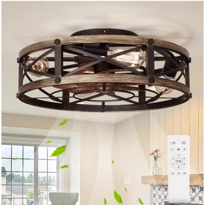 19" Farmhouse Flush Mount Caged Ceiling Fans with Lights, 6 Speeds, Rustic Low Profile Ceiling Fan with Light and Remote, Small Bladeless Ceiling Fans with Lights for Kitchen, Bedroom - ETL