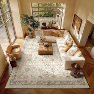 Washable 8x10 Area Rugs for Living Room, Boho Non-Slip Vintage Distress Large Rugs for Bedroom Dining Room Nursery Office, 0.3" Neutral Oriental Throw Thin Carpet, Grey/Beige/Multi, C2
