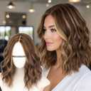 AISI HAIR 14 Inch Chestnut Brown with Golden Blonde Highlights Wigs for Women, Middle Part Natural Wavy Bob Synthetic Heat Resistant Fiber for Daily and Party