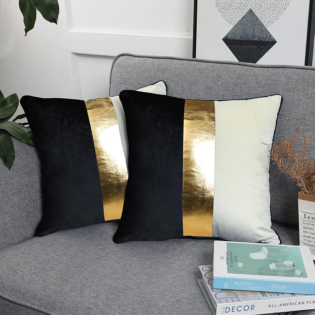 Black Beige Gold Leather Patchwork Velvet Throw Pillow Cover 20x20 Set of 2 Luxury Modern Home Decor Cushion Cover Decorative Pillow for Couch Living Room Bedroom Car (Black, 20x20)