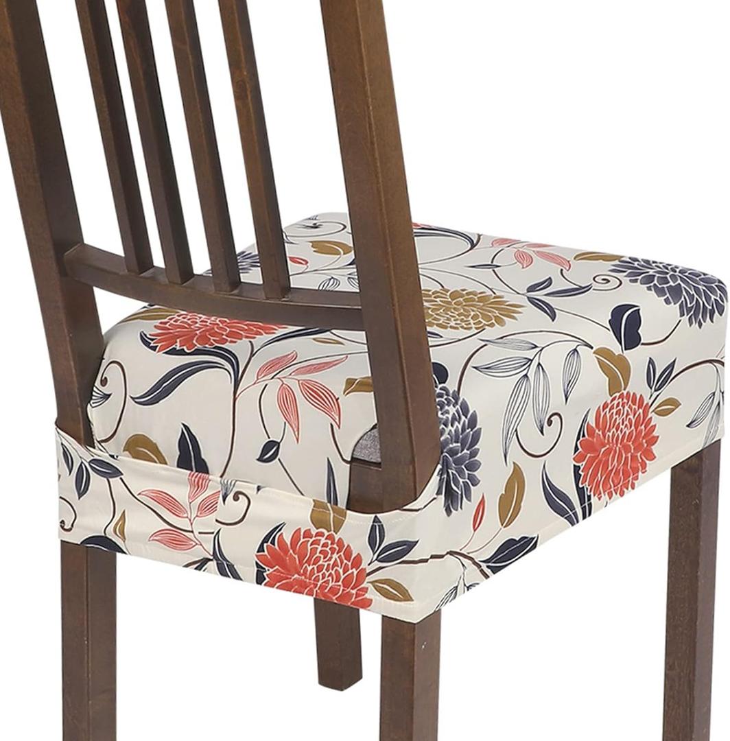 SearchI Stretch Dining Chair Seat Covers Set of 4, Soft Washable Seat Covers for Dining Chairs, Dining Room Seat Cover Protector (Rear-Covered, Orange Flowers)