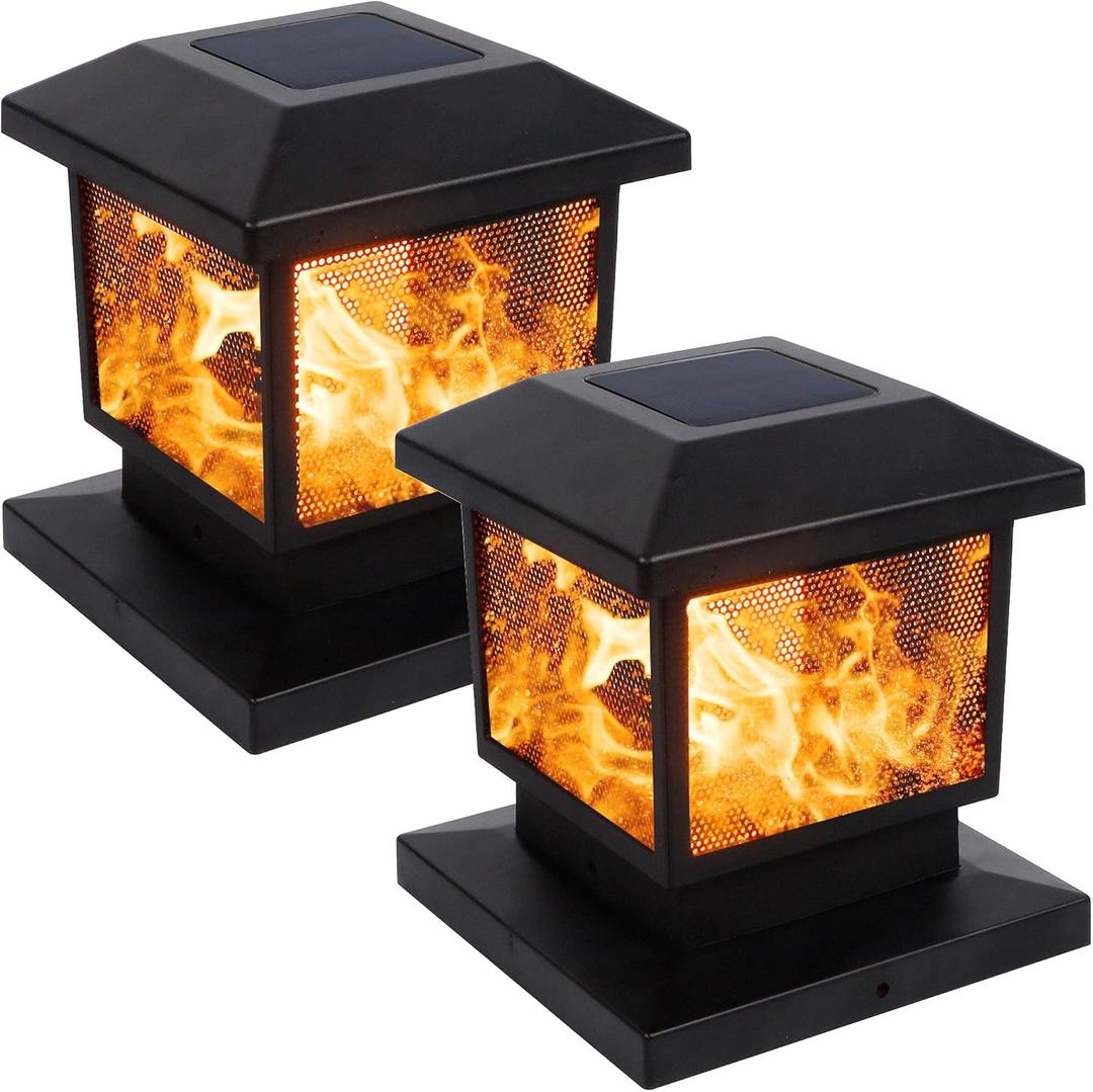 MAGGIFT 2 Pack Solar Flame Post Lights, Outdoor Brightness 72 SMD LEDs Flickering Flame Solar Powered Cap Light for Halloween Christmas, Fits 4x4, 5x5 or 6x6 Wooden Posts, for Yard Fence Deck or Patio