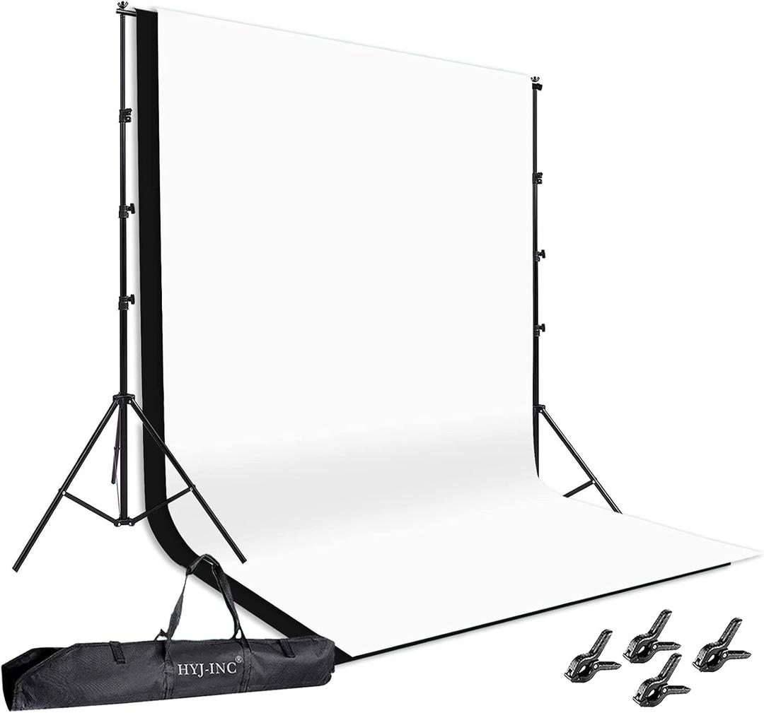 HYJ-INC Photo Background Support System with 8.5 x 10ft Backdrop Stand Kit, 100% Cotton Muslin Backdrop (White Black),Clamp, Carry Bag for Photography Video Studio
