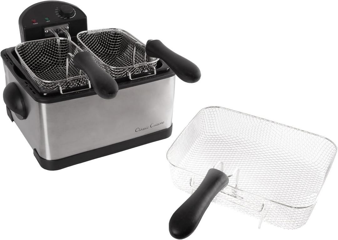 Deep Fryer - 4-Liter Electric Oil Fryer - 1 Large Basket and 2 Small for Dual Use - Stainless-Steel Cooker with Cool Touch Features by Classic Cuisine