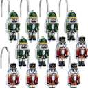 12 Pack Christmas Shower Curtain Hooks - Resin Hand-Painted Nutcracker Design, Red and Green Holiday Shower Rings for Bathroom Decorations