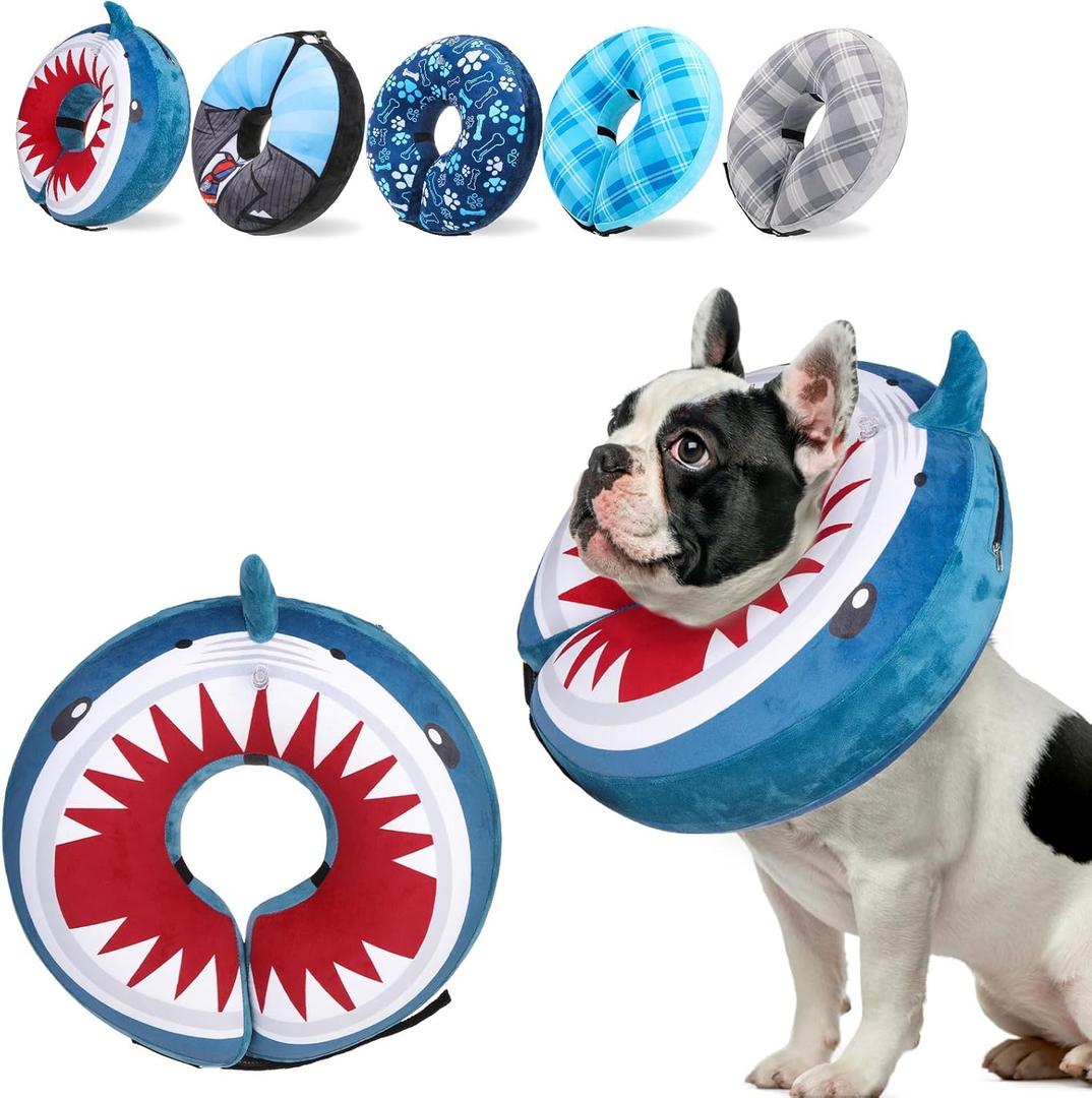 SCENEREAL Dog Cone Alternative After Surgery Pet Recovery Collar for Small Medium Large Dogs Cats, Adjustable Inflatable Donut to Prevent Licking, Shark Print E-Collars
