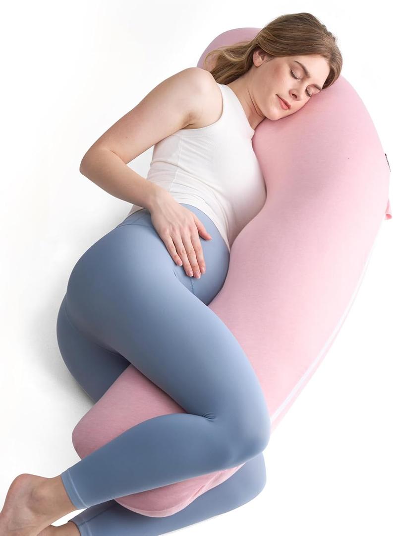 Momcozy Body Pillow for Pregnancy, J Shaped Pregnancy Pillows for Side Sleeping, Soft Maternity Pillow with Jersey Cotton Cover for Head Neck Belly Support, Pink