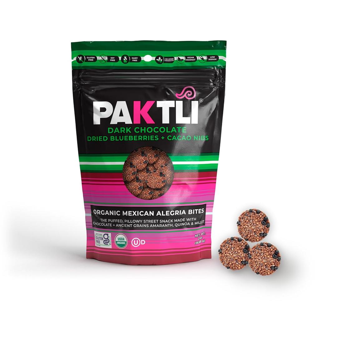 Paktli Organic Alegra Bites  Dark Chocolate with Blueberry & Cacao Nibs, 2oz Bag, Organic Ancient Grain Snack with Amaranth, Quinoa & Millet, Gluten-Free, Non-GMO, Superfood Sweet Treat (EXP 06/09/26)