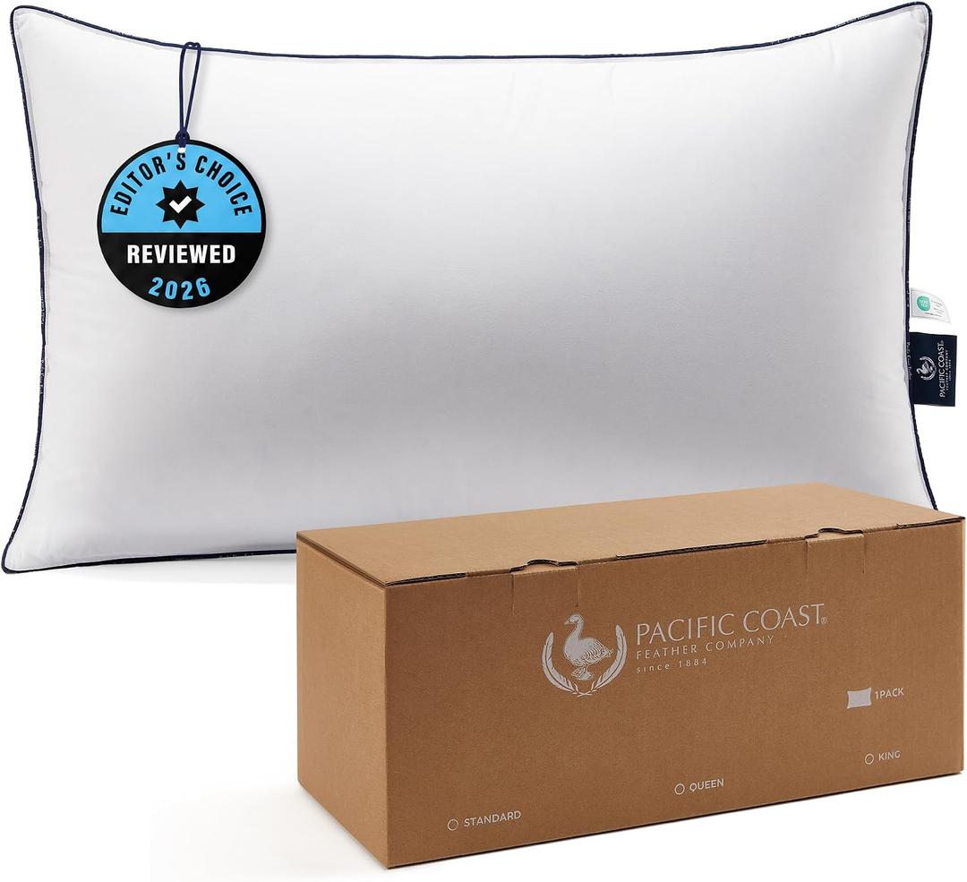 Pacific Coast Bed Pillow, Hotel Collection Goose Feather and Down Pillow for Sleeping, 3-Chamber Design, Medium Supportive, Standard Size