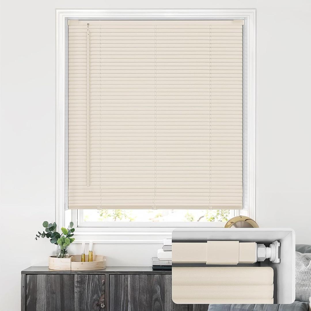 LazBlinds No Drill Vinyl Mini Blinds, 22" W x 48" H, Beige
