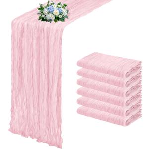 6 Pack Light Pink Cheesecloth Table Runner 17x108 Inch Semi Sheer Boho Gauze Cheese Cloth Fabric Table Runners, for Wedding Party Baby Shower Birthday Home Decor Garden Farmhouse