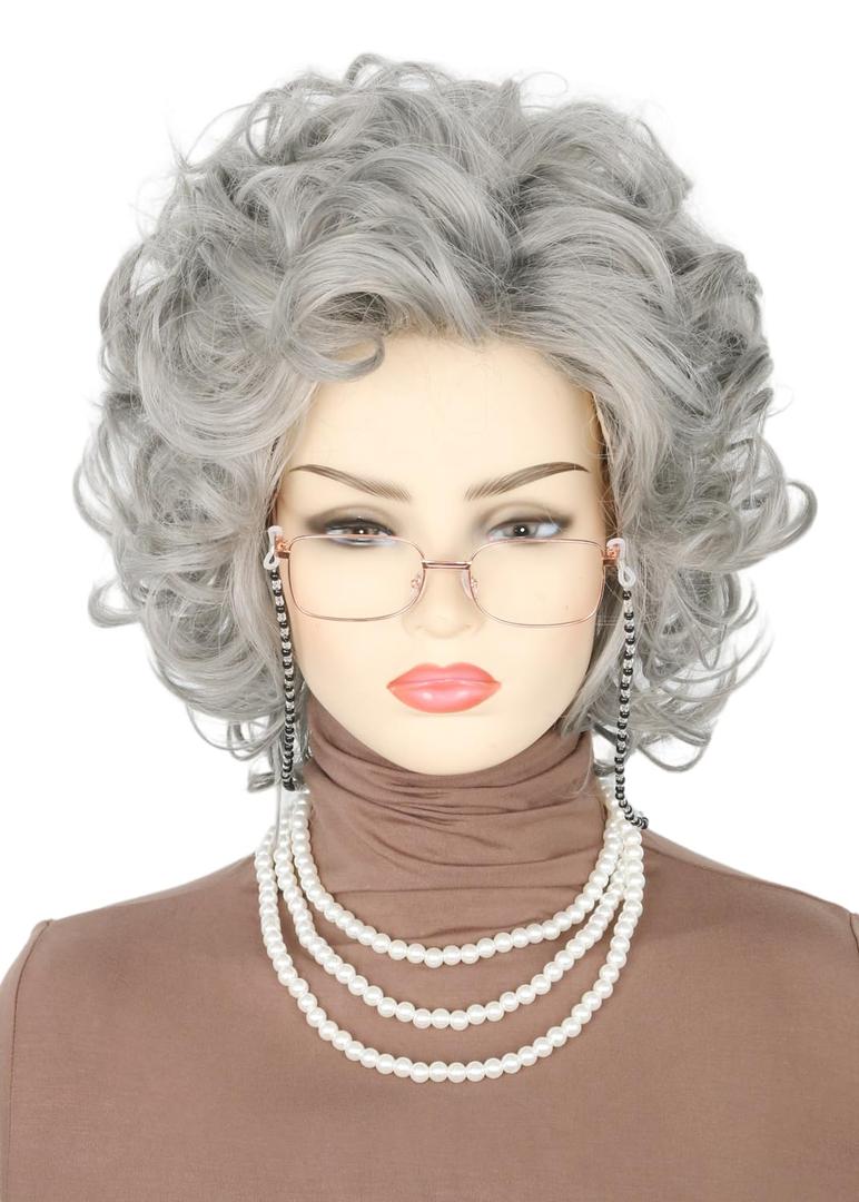 Topcosplay 5pcs Set Old Lady Wig and Accessories Short Curly Grey Granny Costume Wig Grandma Wig Halloween Party Wigs