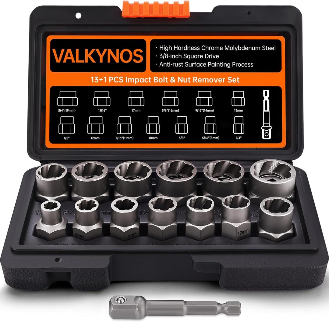 Valkynos Bolt Extractor Kit 13 Pcs, Stripped Bolt Extractor Set, Impact Bolt Nut Removal Tool, Easy Out Remove Rusted, Frozen, Damaged, Rounded-Off Bolt Nut Screw, with Hex Drive, Cr-Mo Steel