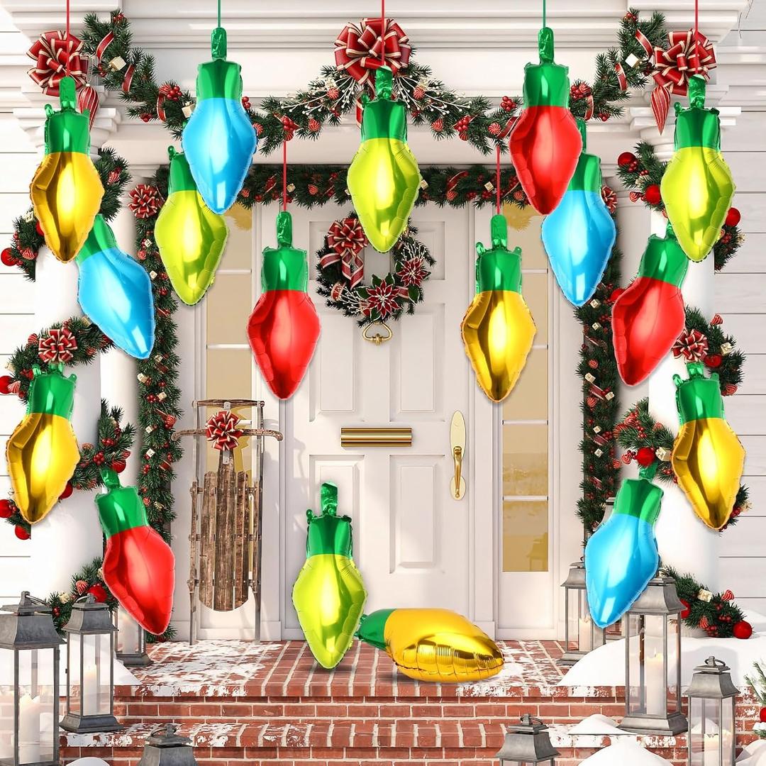 NOVWANG Christmas Light Balloons, 24Pieces 18 Inch Xmas Light Bulb Foil Balloons, Multicolor Christmas Party Decorations with 68 feet Balloon Rope