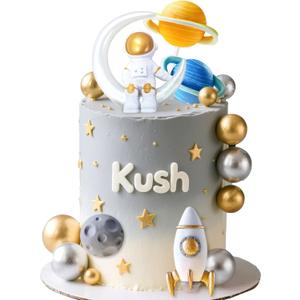 LaVenty Outer Space Cake Toppers Astronaut Rocket Stars Cake Decorations for Two The Moon First Trip Around the Sun Birthday Baby Shower (Golden 2)
