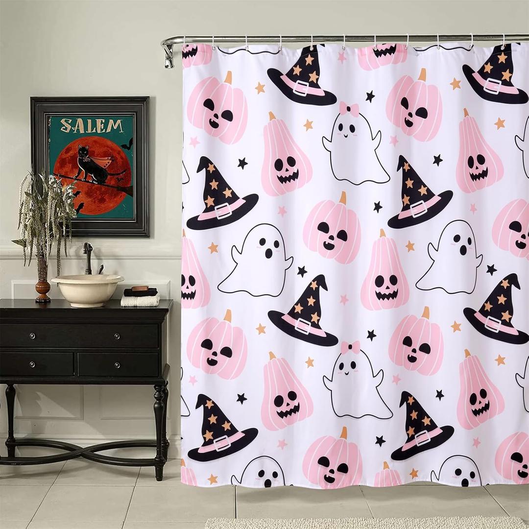 Cute Halloween Fabric Shower Curtain Aesthetic Funky Bathroom Decorations, Colorful Fun Scary Jack Pumpkins Ghost Witch Hats Gothic Halloween Fall Girls Kids Shower Curtain Set with Hooks (White)