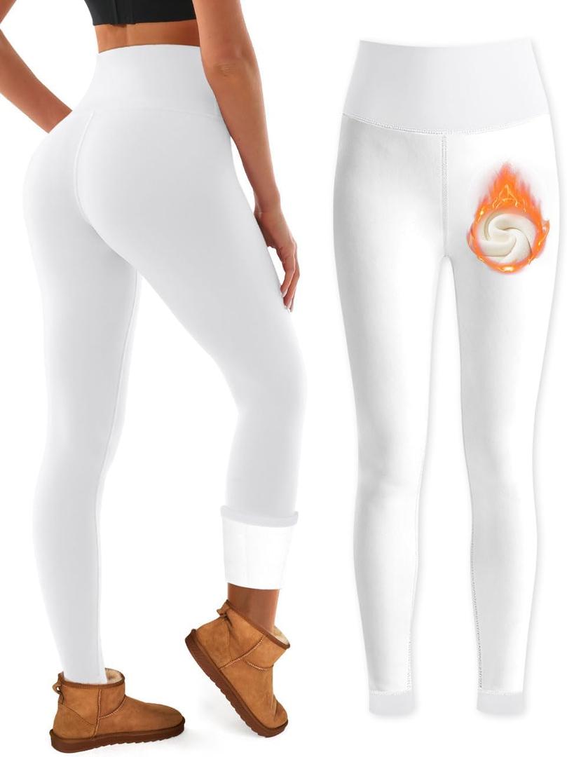 Bluemaple Fleece Lined Leggings Women High Waisted Tummy Control Thermal Warm Workout Hiking Yoga Pants for Cold Winter (White, XL)