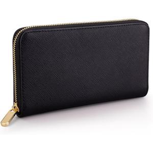 Luxury Real Leather Zip Around Travel Wallet | Large Capicity Card Holder Organizer | Classic Phone Clutch for Men Women (Black - Saffiano Leather)