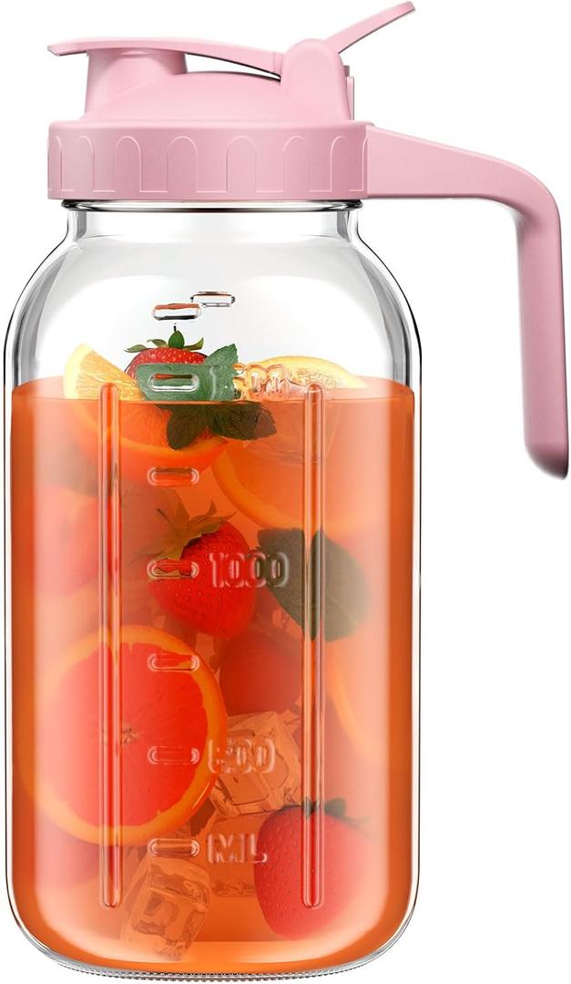 64 oz Glass Pitcher with Lid, Large Wide Mouth Mason Jar with Pour Spout, Pink Sun Tea Jar for Outside, Glass Water Pitcher Great for Drink, Cold Beverages and Breast Milk (64 Ounces, Pink)