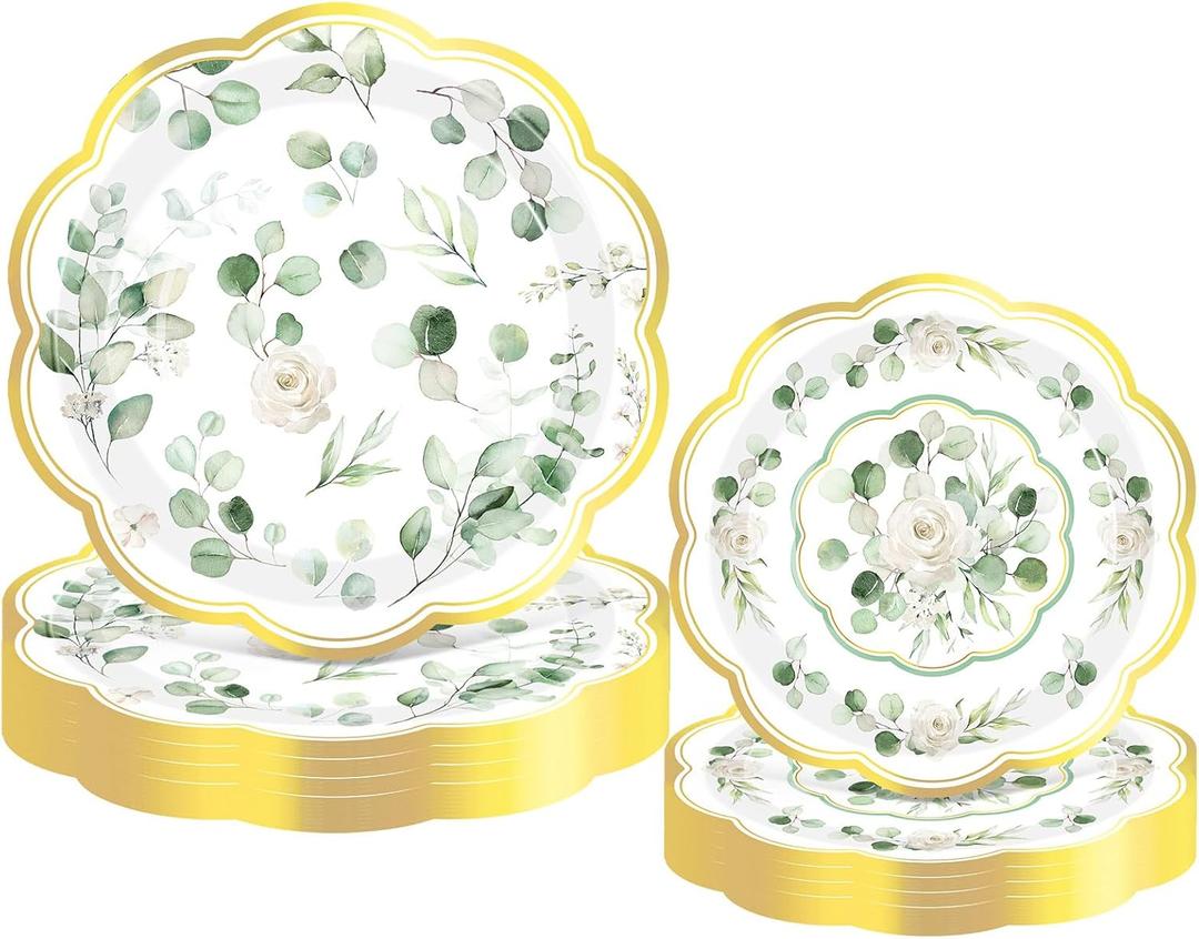 Mumufy 100 Pack Eucalyptus Floral Paper Plates Sage Green Dinner Decoration 9 & 7 Greenery Disposable Watercolor Dessert Plates for Wedding Birthday Baby Shower Bridal Party Supplies