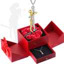 Valentines Day Gifts for Him Her Boyfriend Girlfriend, Preserved Real Roses with Couple Hug Necklace, Wedding Anniversary Birthday Gift for Women, Romantic Present to Mother Mama Couples Wife Husband (Red box + Silver necklace)
