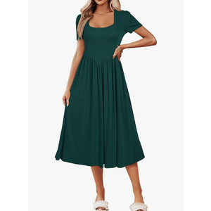 Newshows Women's Summer Square Neck Ribbed Knit Short/Long Sleeve A Line Flowy Midi Dress with Pockets, S