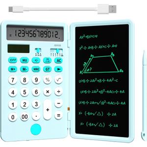 NEWYES Portable Calculator with Notepad, Basic Calculator with Writing Tablet,12 Digits Large Display Rechargeable Solar Power Desk Calculator for Primary and Middle School Students, Office (Blue)