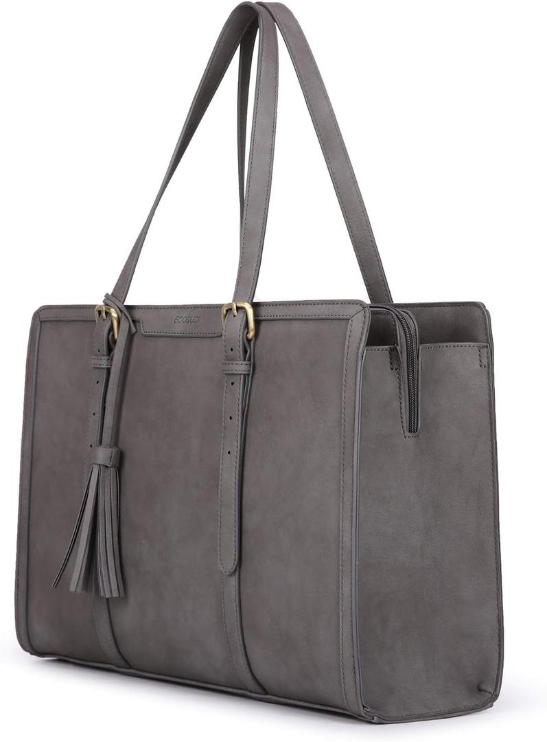 ECOSUSI Laptop Bag For Women 15.6 Inch Work Tote Bags PU Leather Computer Purse For Business Office With 3 Layer Compartments (Grey)