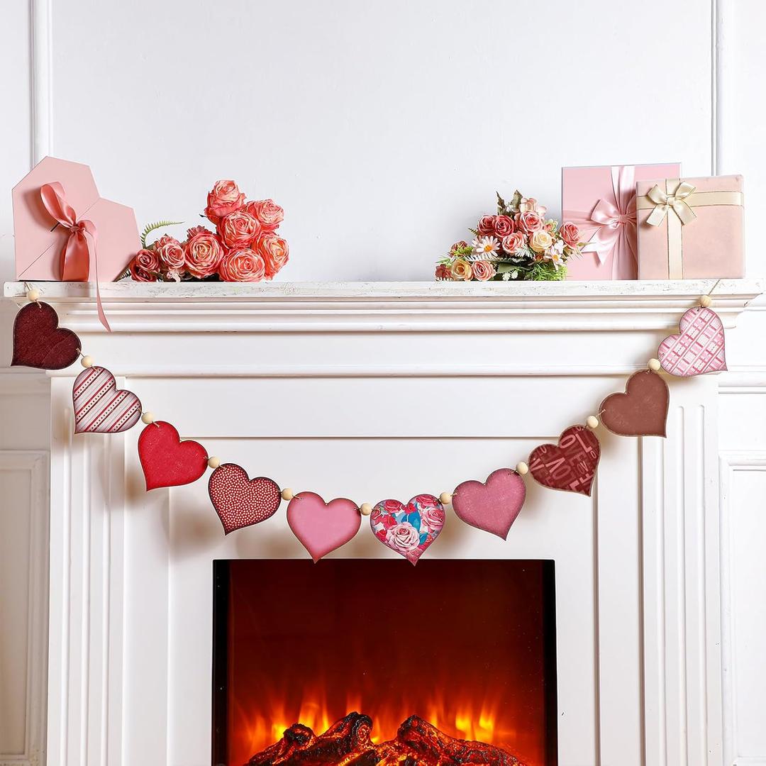 Cinnvoice 8.2 ft Vintage Patriotic Heart Garland Retro 4th of July Decoration Red White Blue Wooden Banner for Mantel Fireplace Independence Day 250th Memorial Day(Heart,Pink)