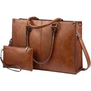 LOVEVOOK Laptop Tote Bag for Women, 15.6 Inch Large Capacity Vintage Leather Work Computer Bag, Business Casual Shoulder Handbag, Dark Brown