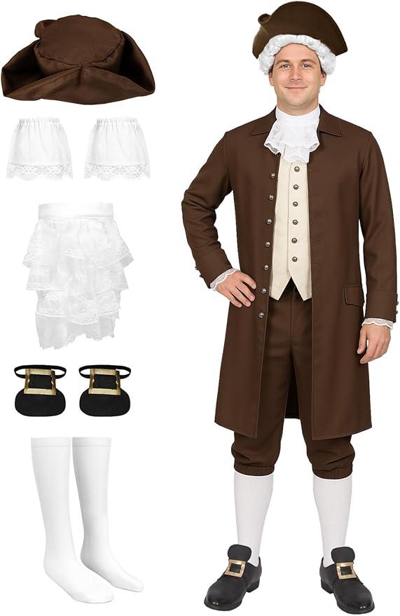 Colonial Costume Men - 18th Traditional America Colonial Outfit Adult Perfect for Halloween Cosplay, Size 10