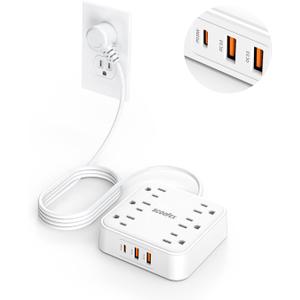 Power Strip with 20W USB Ports, 5 Ft Flat Plug Extension Cord with 6 AC Outlets, 3 USB Ports (1 USB C), Desk Wall Fast Charger, Non Surge Protector for Office, Dorm, Travel, Cruise Ship Essentials