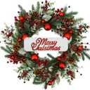 20 inch Artificial Christmas Wreath Winter Wreath with red Ball,red Berry,Pine Needles for Indoor Outdoor Farmhouse Home Wall Window Festival Wedding Decor