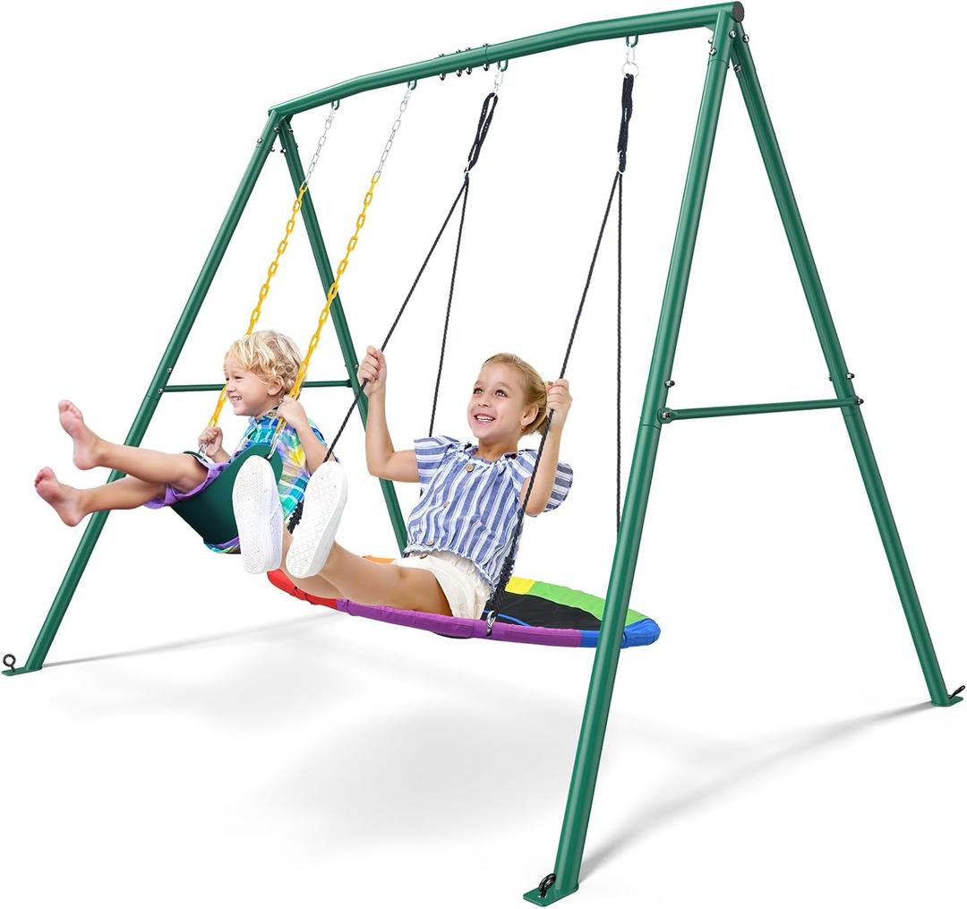 Trekassy 440lbs 2 Seat Swing Sets for Backyard, 1 Saucer Swing and 1 Belt Swing with Heavy Duty Outdoor A-Frame Metal Swing Stand for Playground, Playset